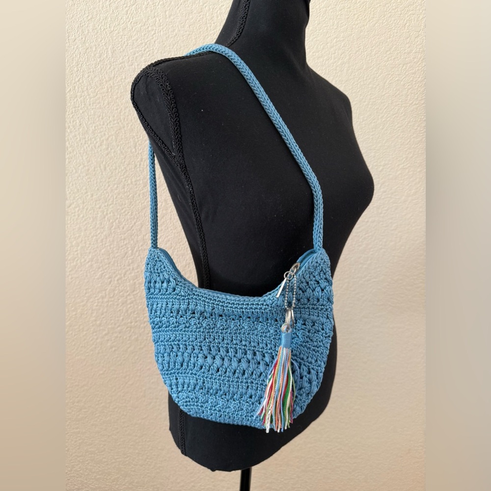 NEW The Sak Blue Crochet Shoulder Bag Tassle Small